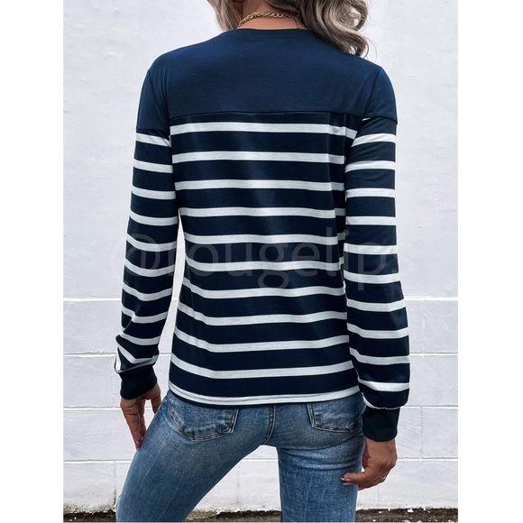 Striped Button Detail Round Neck Long Sleeve Navy Blue Tee Shirt - Picture 3 of 8